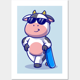 Cool Cow With Skateboard Cartoon Posters and Art